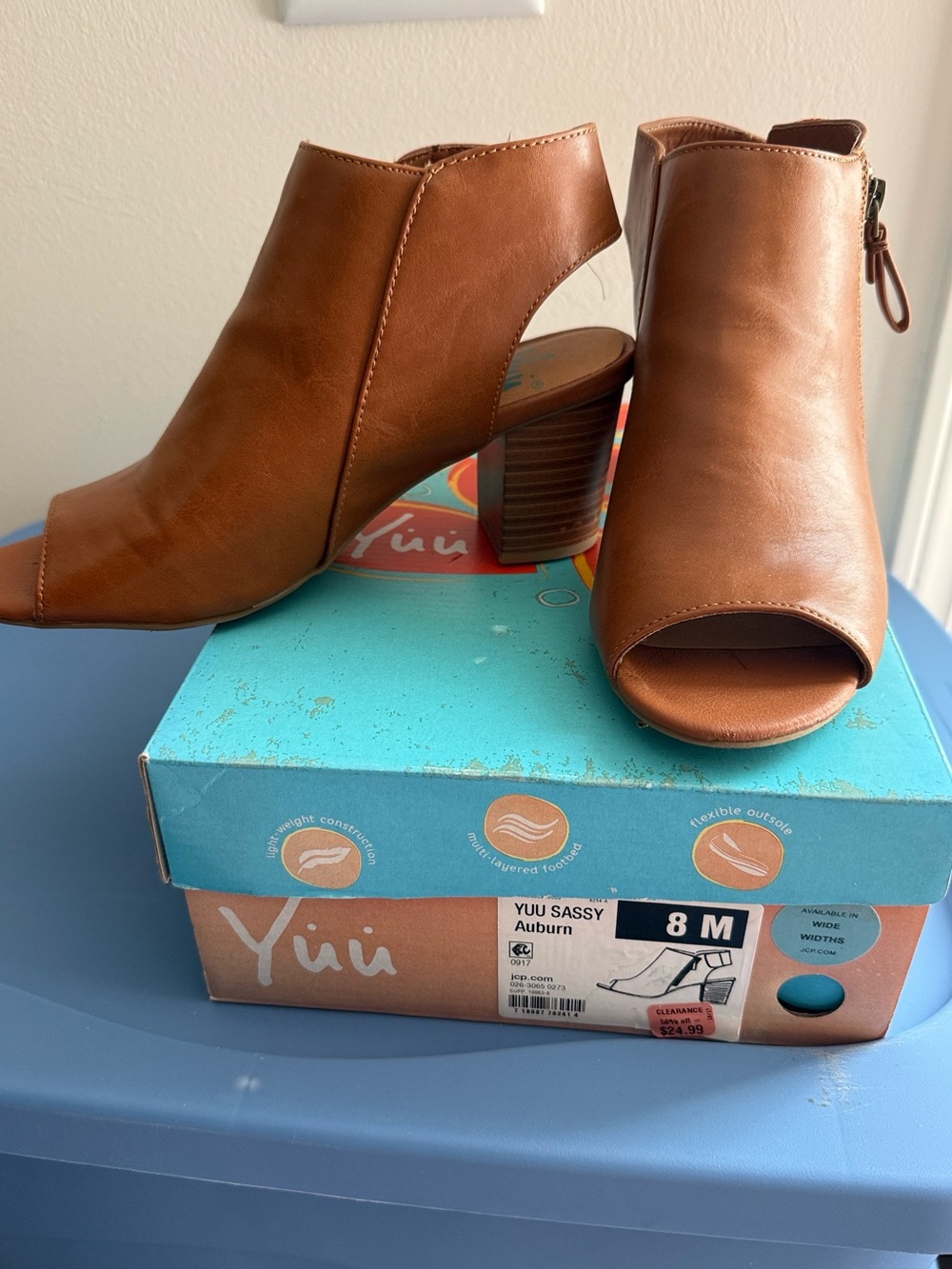 Yuu Open-Toe Heeled Booties in Auburn Brown